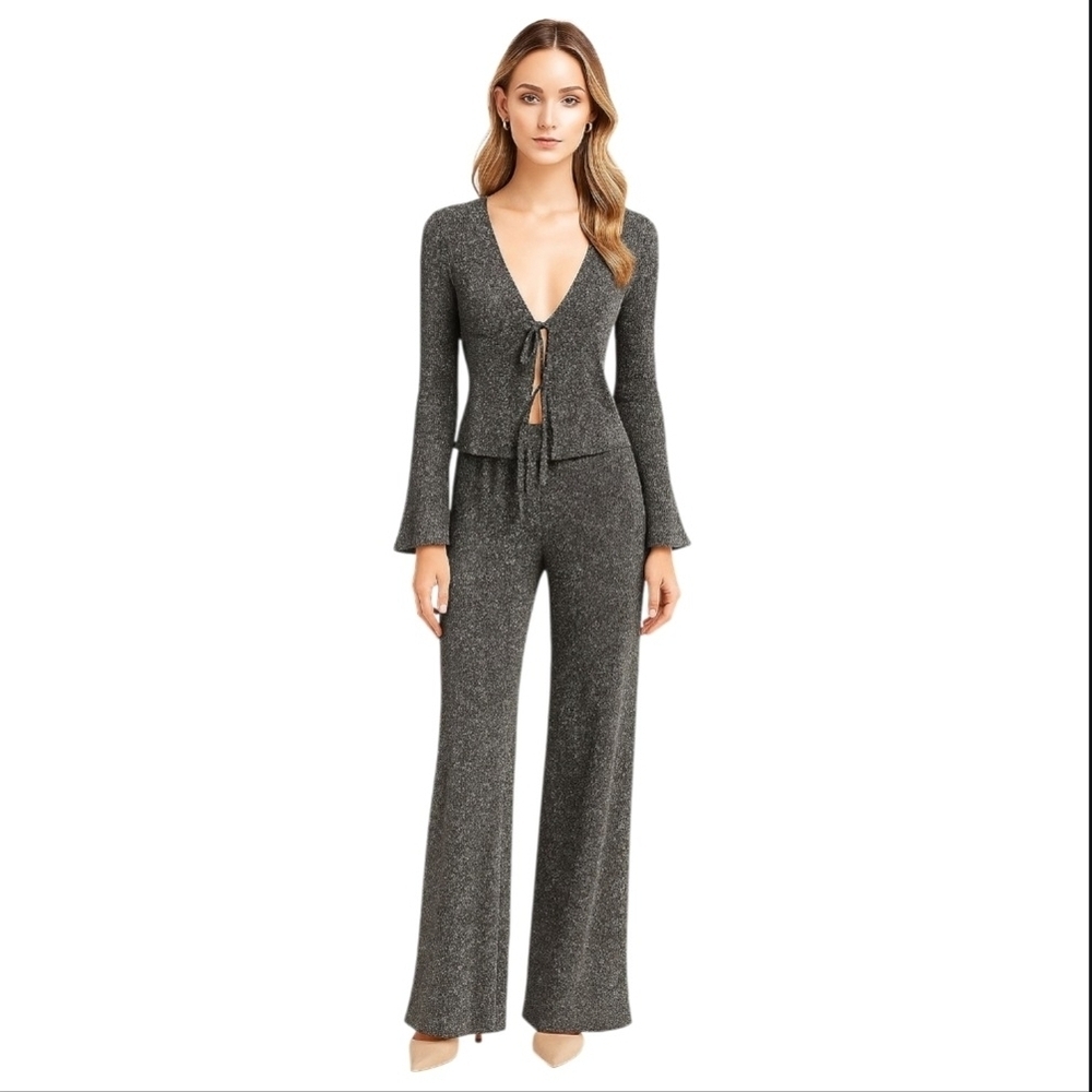 Two-Piece Metallic Knit Set – Cardigan & Pants